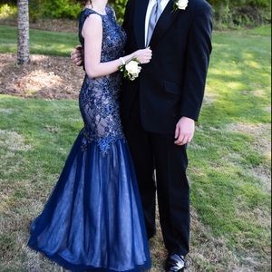 Mermaid blue lace prom dress